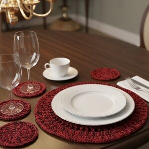 Hand Crafted Hand Knit Crochet Coaster 6pc Set Red & black double stitch floral